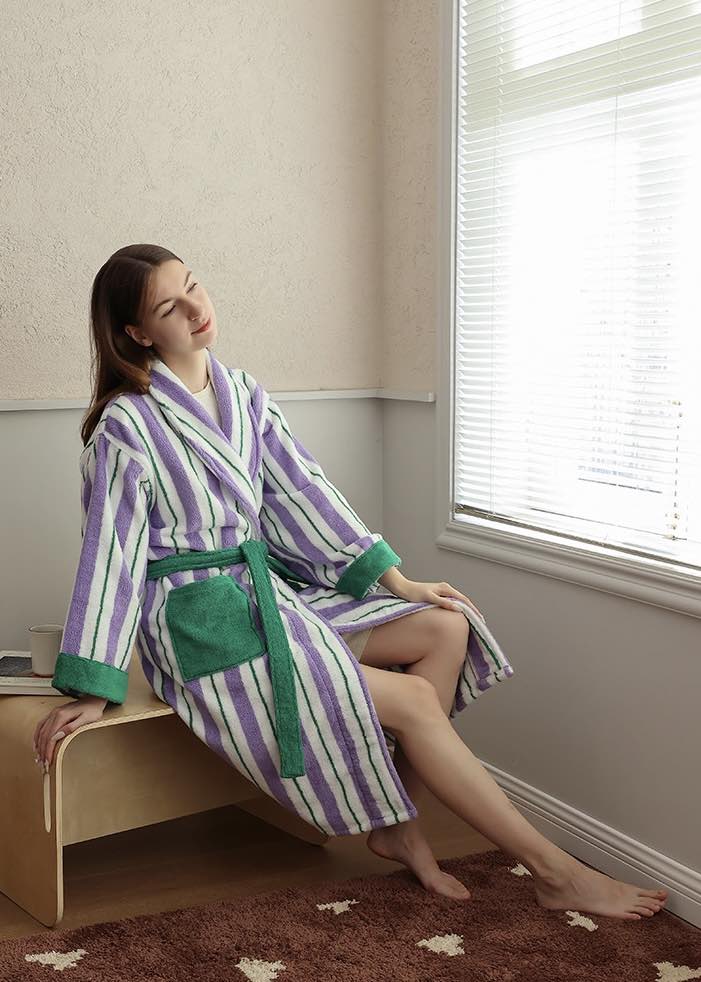 Ultra Soft Whimsical Retro Stripe Bathrobe - 100% Organic Cotton