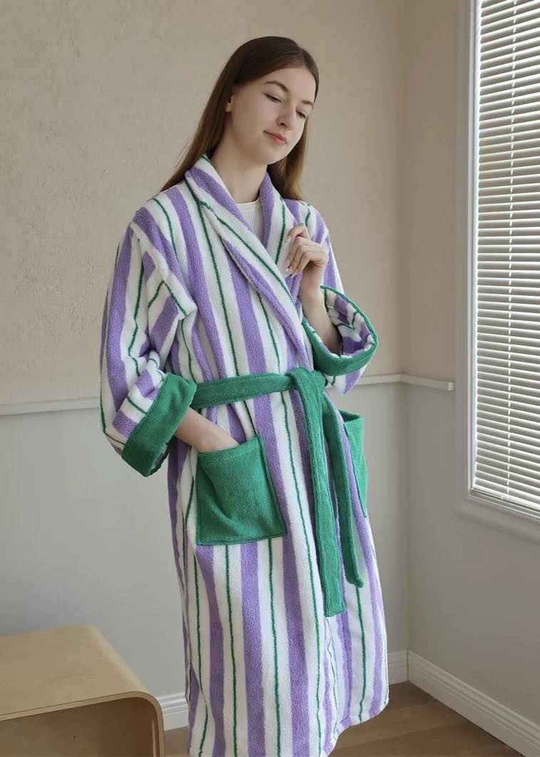 Ultra Soft Whimsical Retro Stripe Bathrobe - 100% Organic Cotton