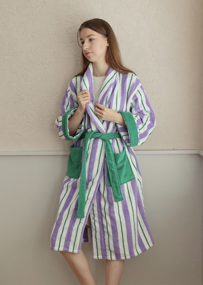 Ultra Soft Whimsical Retro Stripe Bathrobe - 100% Organic Cotton