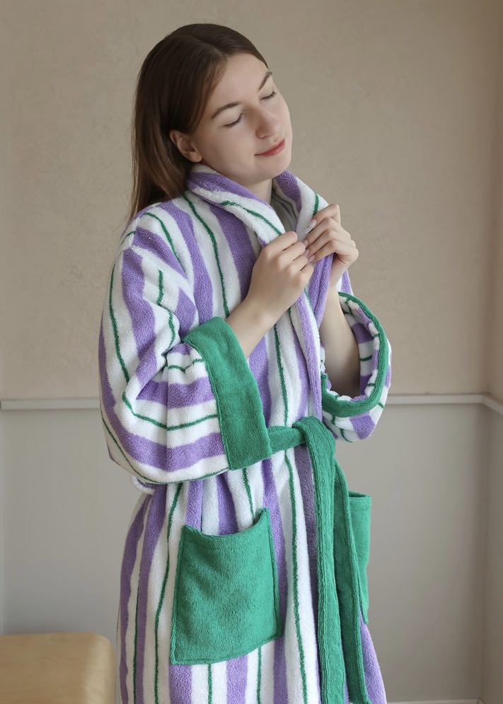 Ultra Soft Whimsical Retro Stripe Bathrobe - 100% Organic Cotton